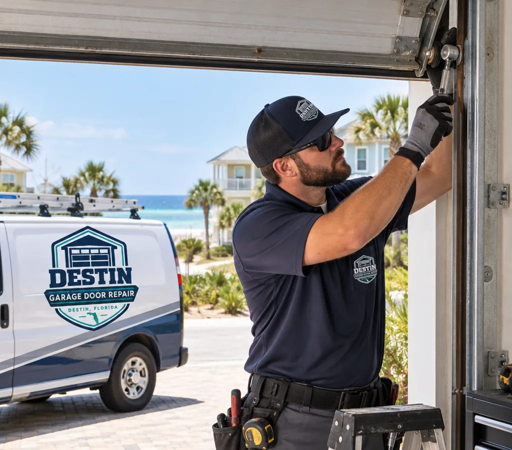 Contractor inspecting a residential sectional garage door and opener rail in a Destin driveway