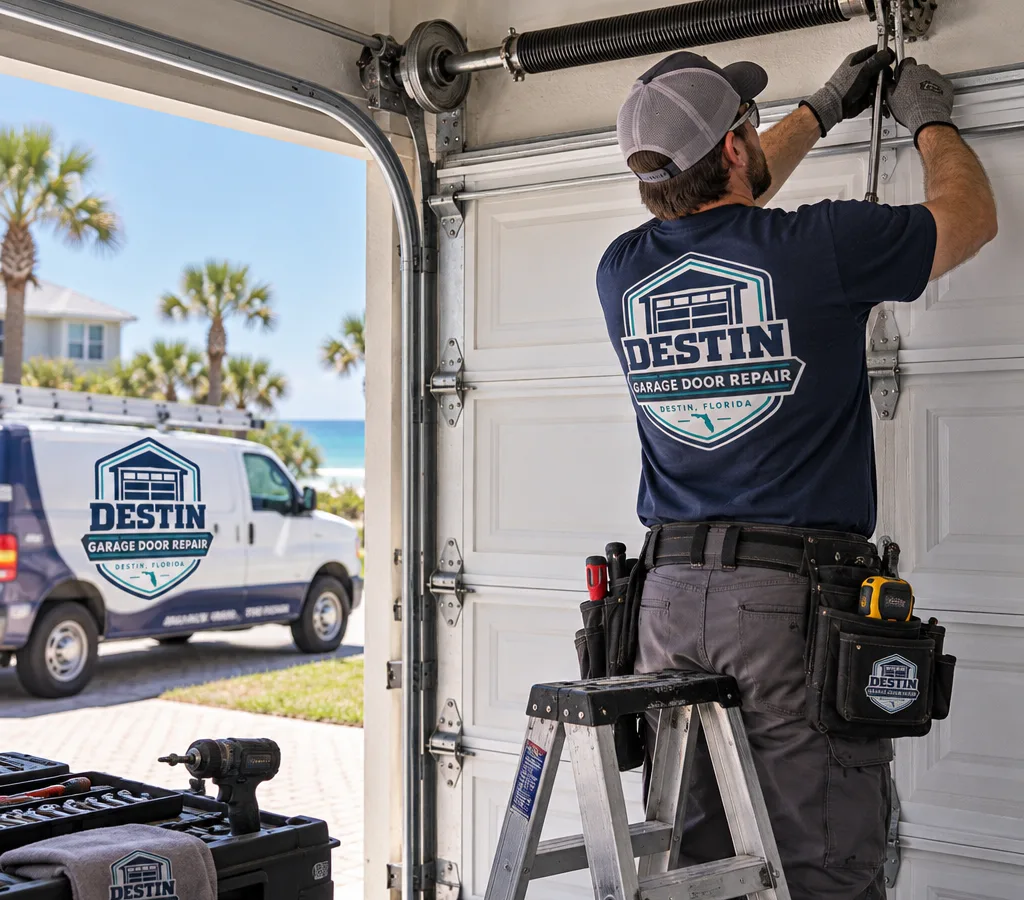 Residential garage door fully closed and square after adjustment