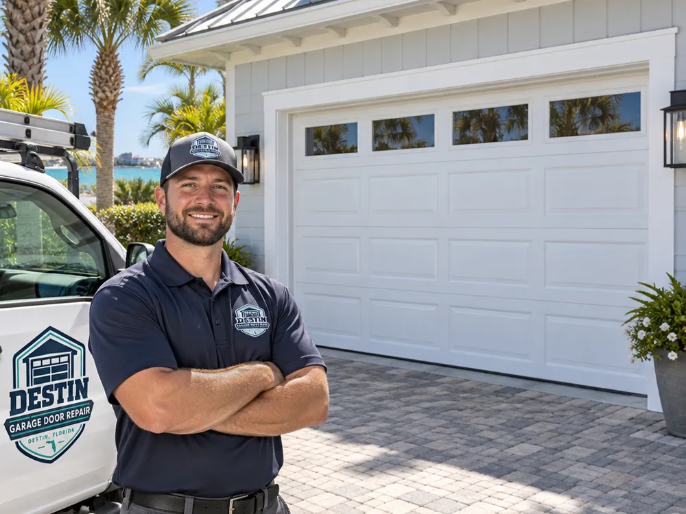 Finished modern sectional garage door on a coastal home exterior, clean alignment and even reveal around the perimeter