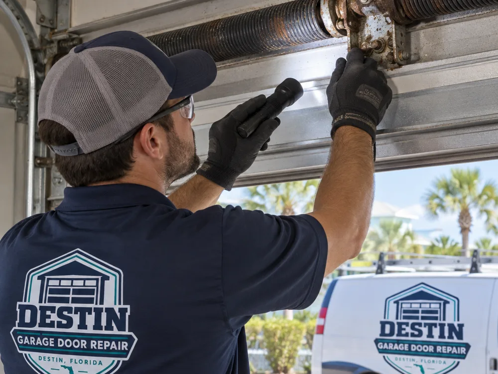 Contractor examining a garage door track, hinge, and rollers with a flashlight