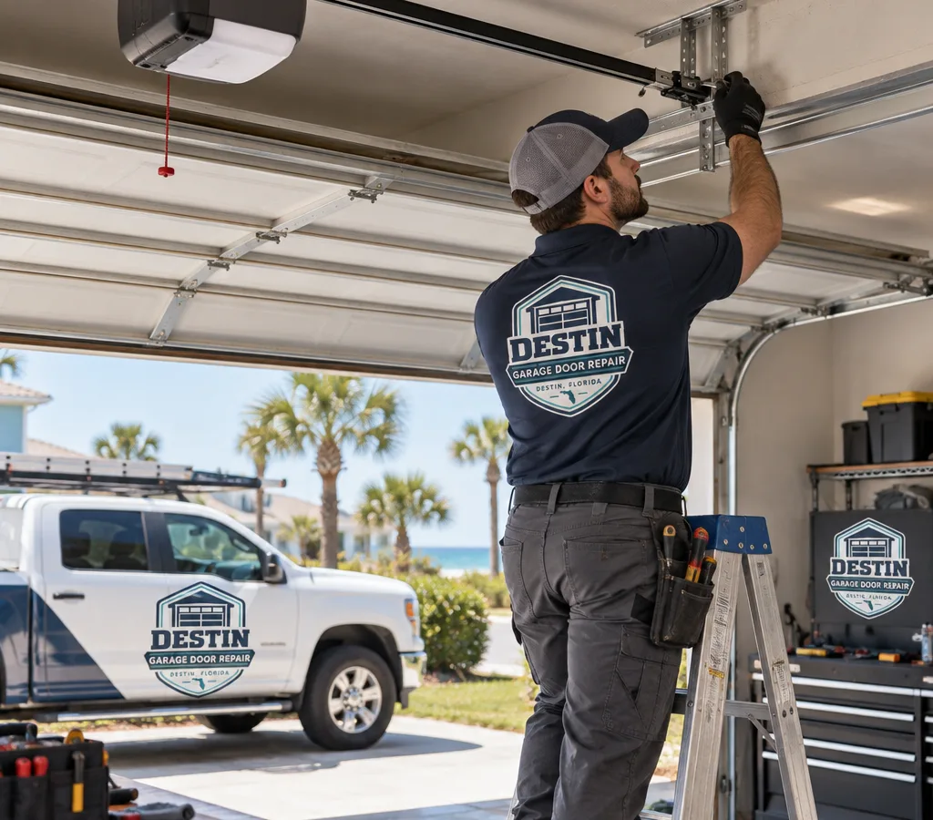 Contractor inspecting a residential garage door opener and rail from a ladder