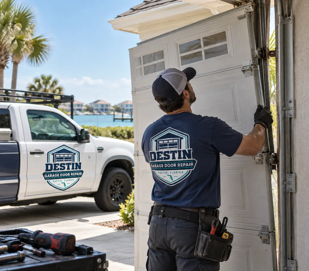 Residential garage door sitting crooked with rollers out of the vertical track while a contractor assesses the alignment